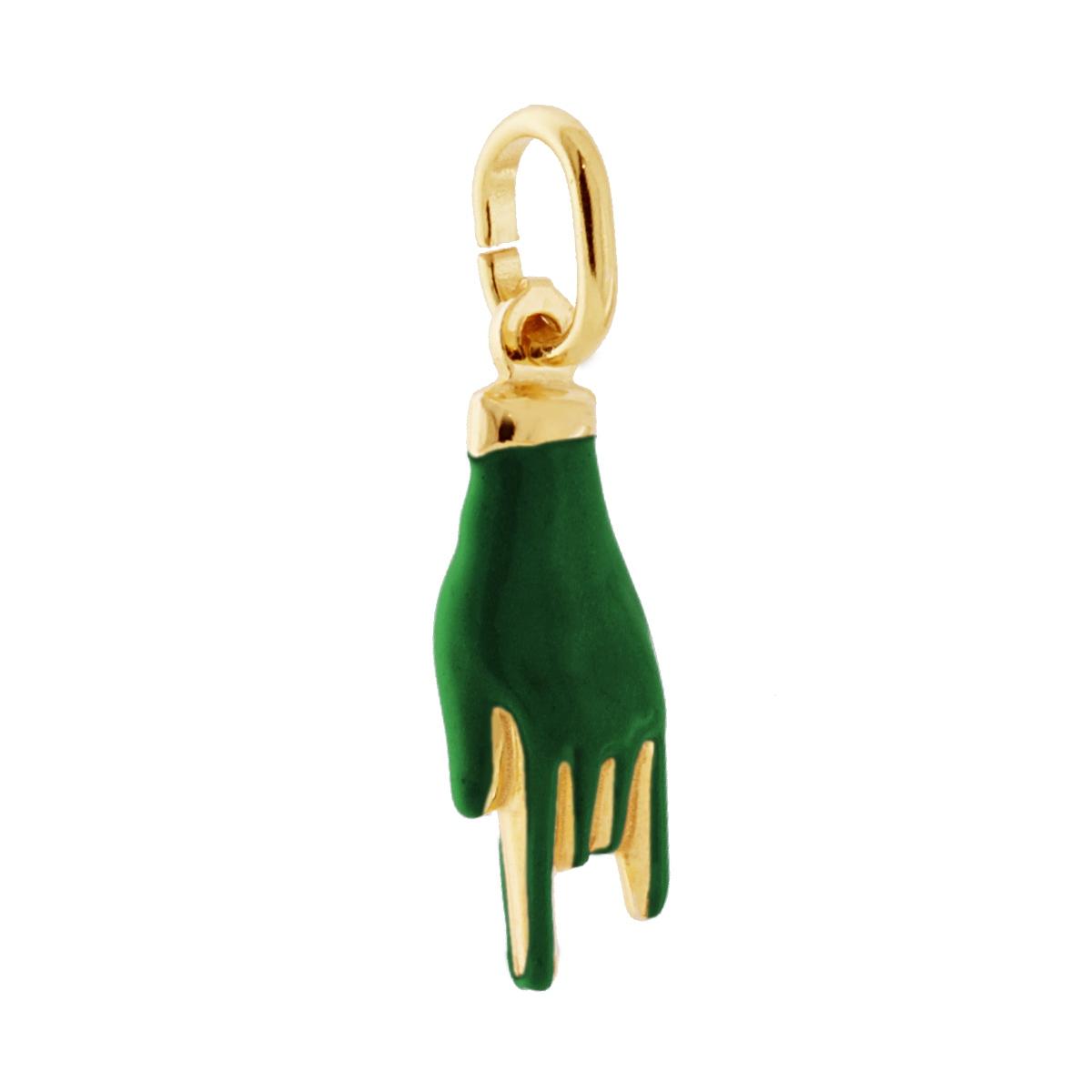 Ciondolo a forma di Mano con Corna portafortuna con applicazione smalto colore verde scuro con finitura liscia e lucida.<BR>Made in Italy<BR>