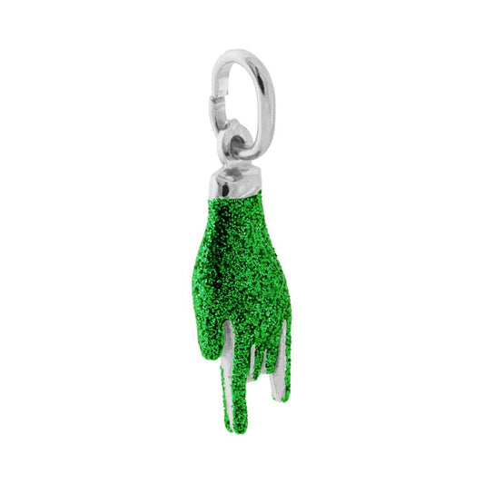 Ciondolo a forma di Mano con Corna portafortuna con applicazione smalto colore verde con superficie glitterata.<BR>Made in Italy<BR>