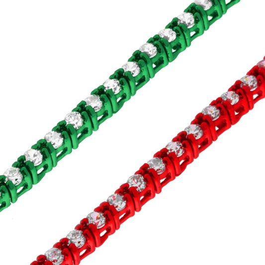 Bracciale Tennis Griffe cm 18 con Crystal mm 2 Bianco in ACCIAIO Rosso e Verde