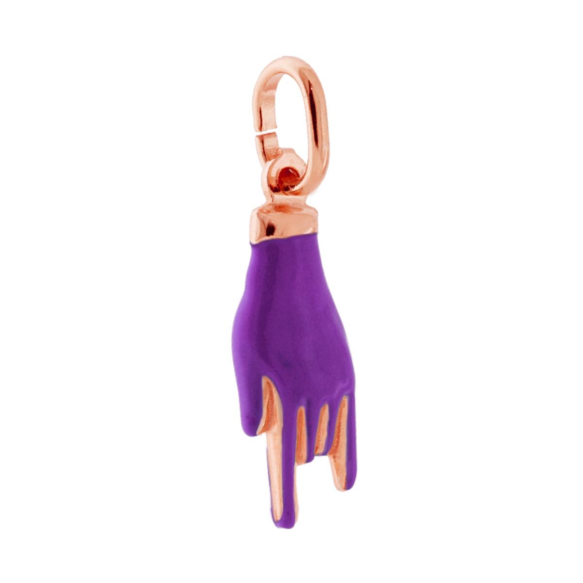 Ciondolo a forma di Mano con Corna portafortuna con applicazione smalto colore viola con finitura liscia e lucida.<BR>Made in Italy<BR>