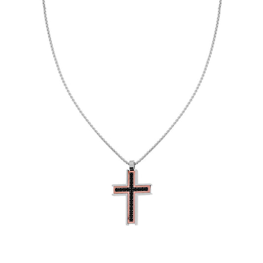 Collana Catena Veneziana Tonda con Croce Rosa e Crystal Neri in ACCIAIO