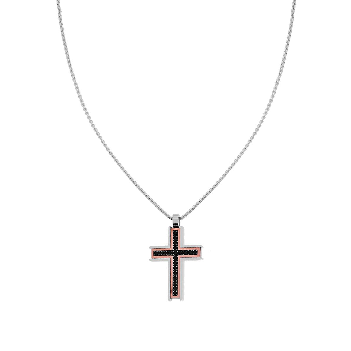 Collana Catena Veneziana Tonda con Croce Rosa e Crystal Neri in ACCIAIO