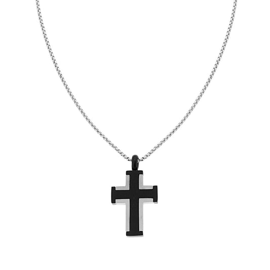 Collana Catena Veneziana Tonda con Croce Nera in ACCIAIO