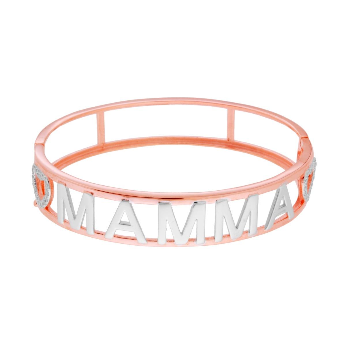 Bracciale Rigido con Scritta MAMMA e Cuori con Zirconi Bianchi in ARGENTO 925 Galvanica Rosa e Rodio