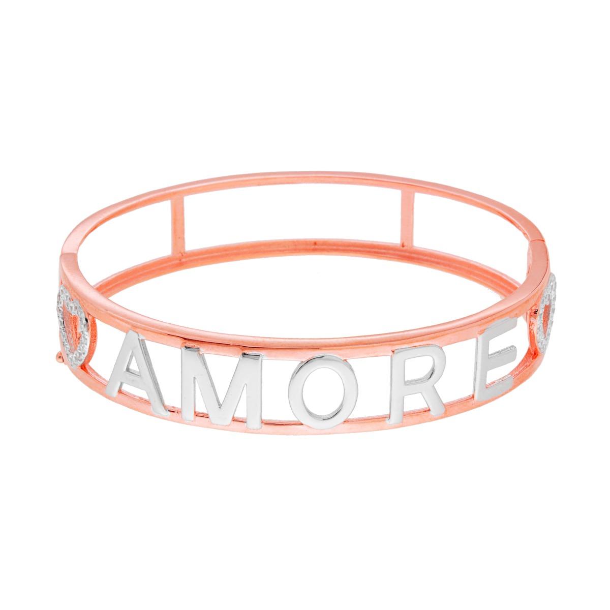 Bracciale Rigido con Scritta AMORE e Cuori con Zirconi Bianchi in ARGENTO 925 Galvanica Rosa e Rodio