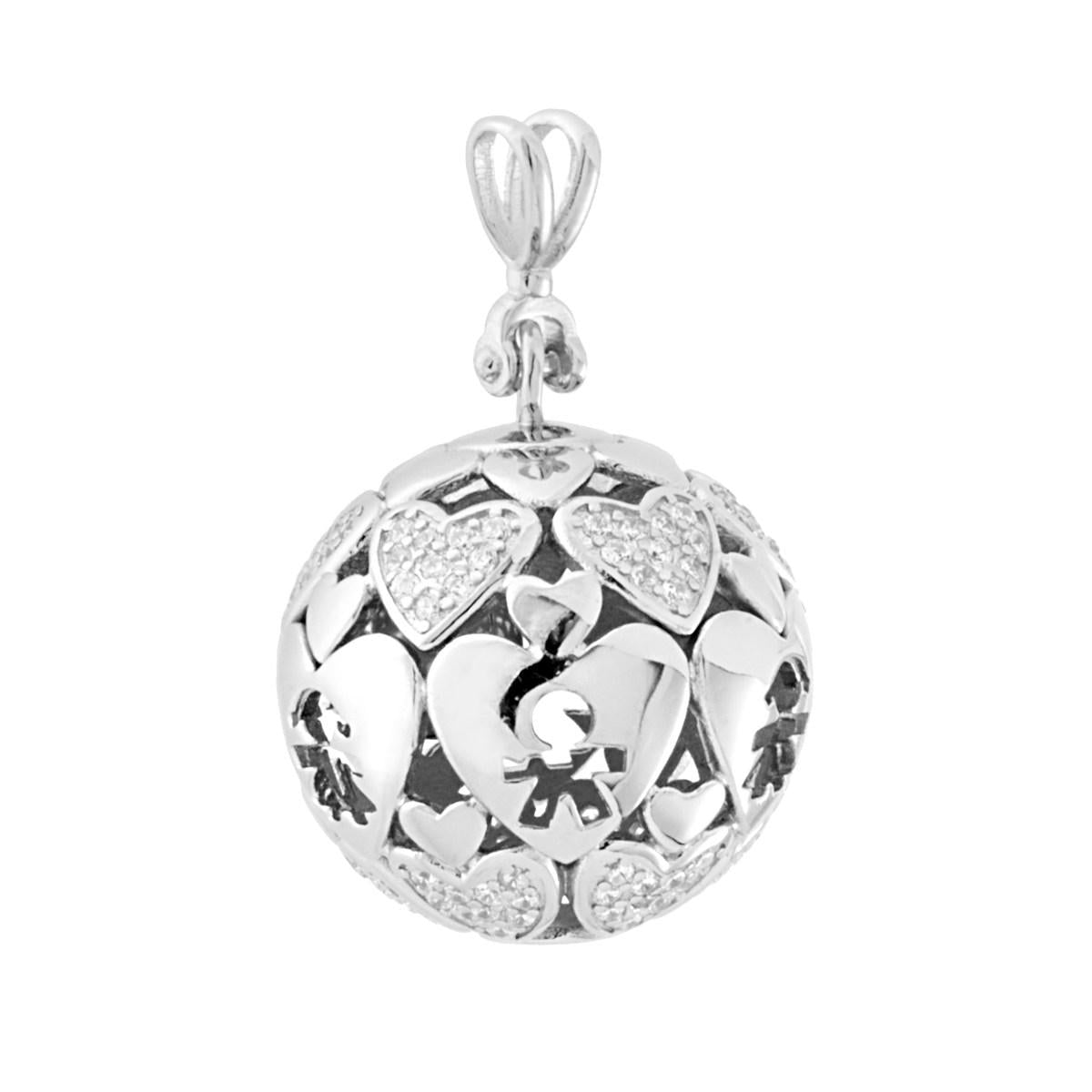 Ciondolo Sfera Chiama angeli con cuori con finitura lucida e bimbo e bimba traforati, con e senza zirconi bianchi incastonati.<BR>
