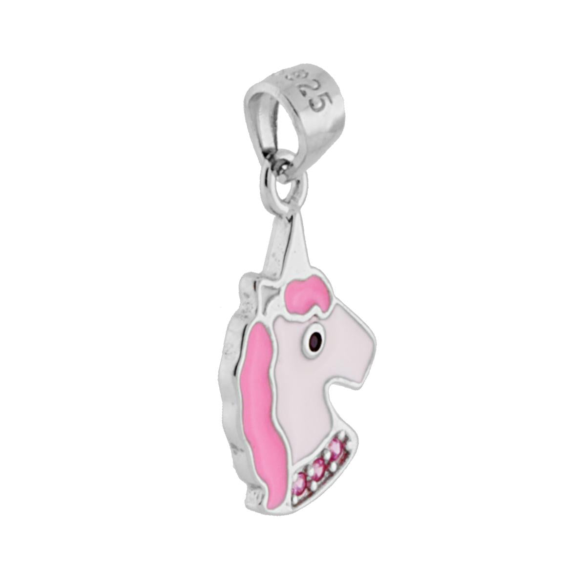 Ciondolo a forma di testa di unicorno con applicazione smalto bianco e rosa e con zirconi rosa incastonati.