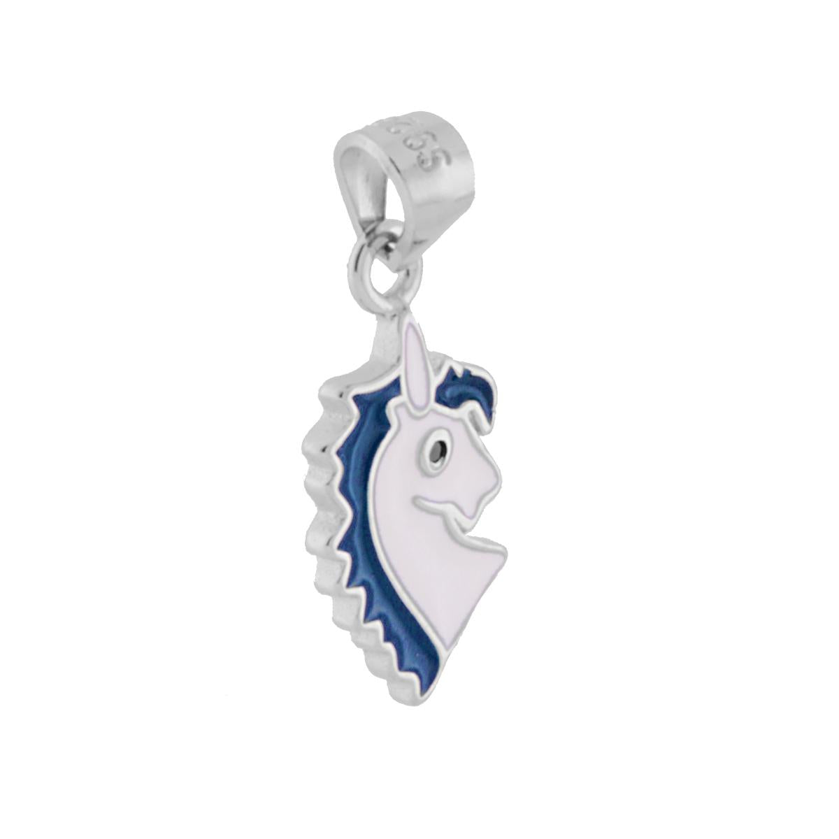 Ciondolo a forma di testa di unicorno con applicazione smalto bianco e blu.