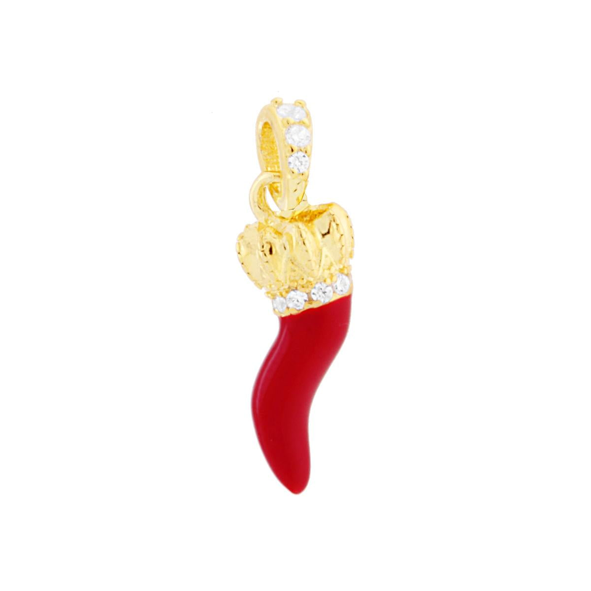 Ciondolo a forma di corno con smalto rosso applicato con corona colore oro e con zirconi bianchi incastonati.<BR>
