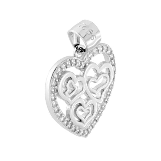 Ciondolo a forma di Cuore con Zirconi Bianchi incastonati con cuoricini traforati e lucidi all'interno.