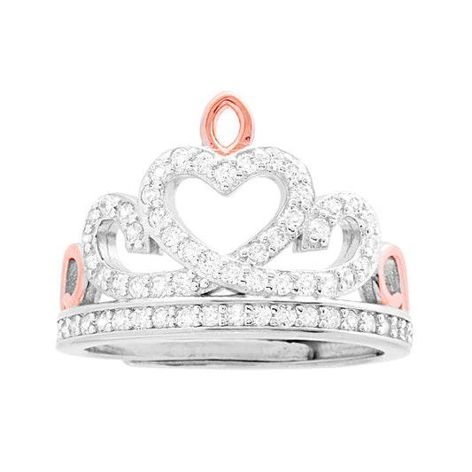 Anello Corona Diadema con Cuore Zirconi Bianchi e Cuoricini Rosa in ARGENTO 925 Galvanica Rodio