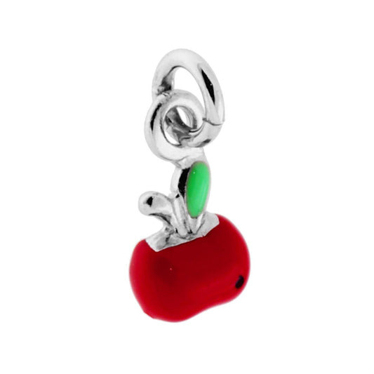 Ciondolo a forma di mela con applicazione smalto colore rosso e verde.<BR>