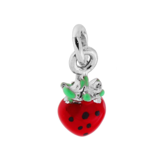 Ciondolo a forma di fragola con applicazione smalto colore rosso e verde.<BR>