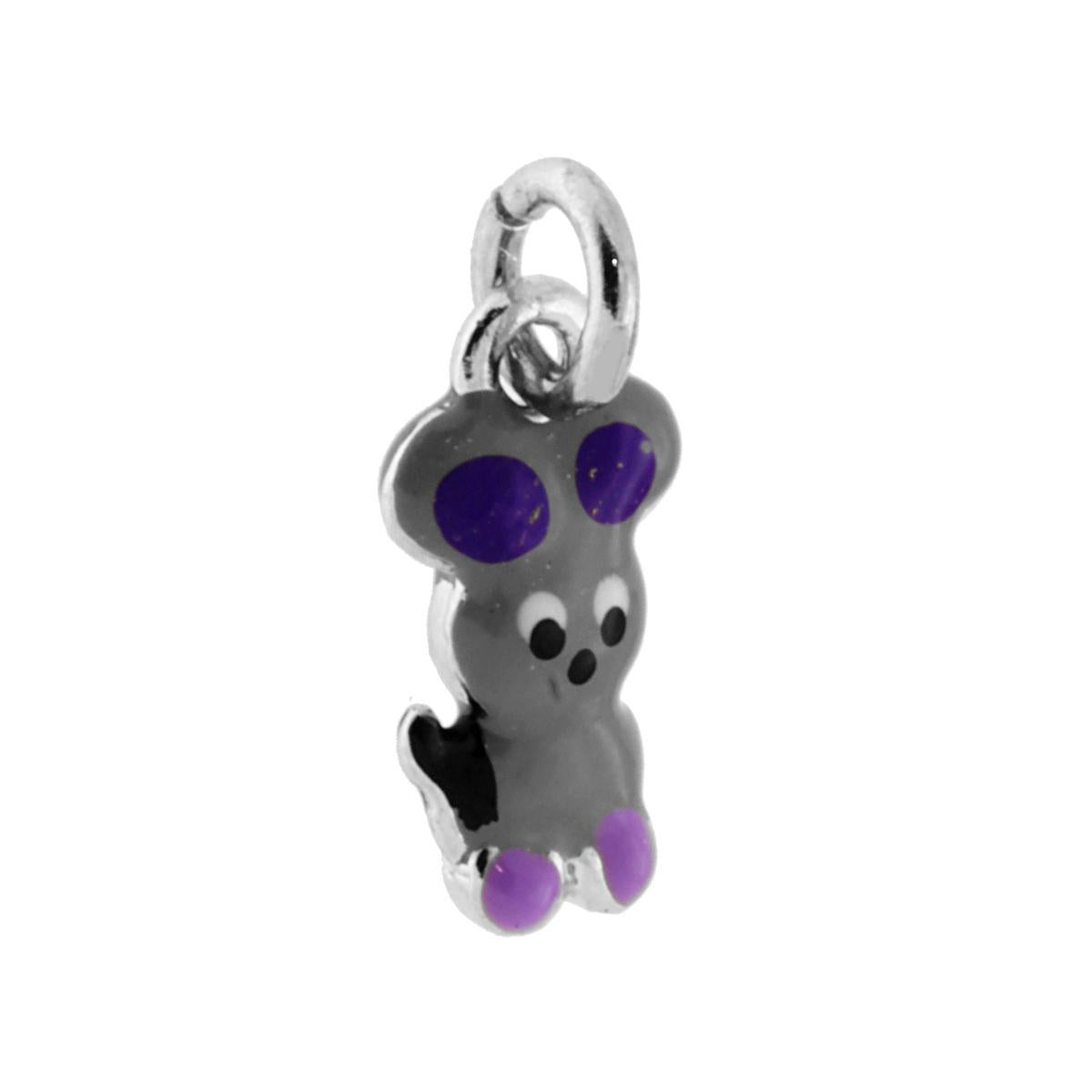 Ciondolo a forma di elefante con smalto grigio e viola applicato.
