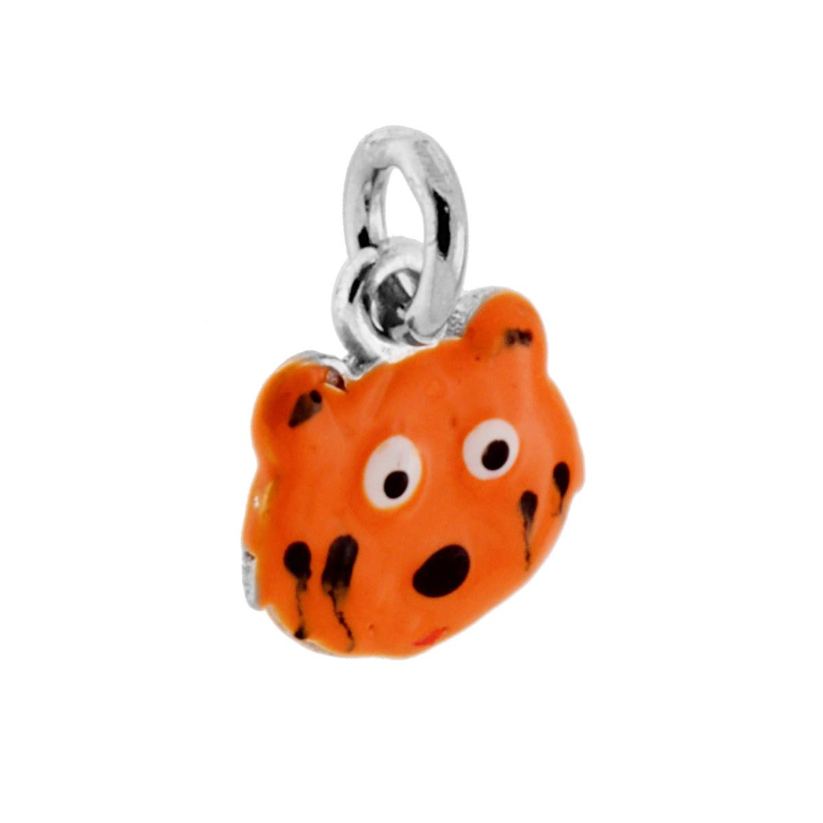 Ciondolo a forma di testa di tigre con applicazione smalto colore arancione.