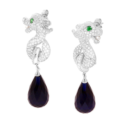 Orecchini Drago con Zirconi Bianchi e Pendente Goccia Crystal Blu in ARGENTO 925 Galvanica Rodio