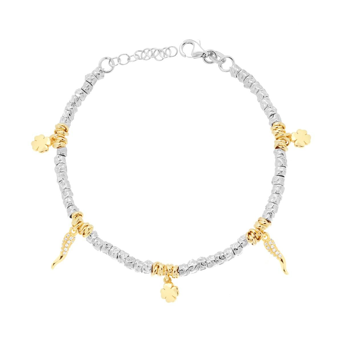Bracciale Cubetti Martellati con Charms Quadrifoglio e Corno Portafortuna con Zirconi Bianchi in ARGENTO 925 Galvanica Rodio e Oro