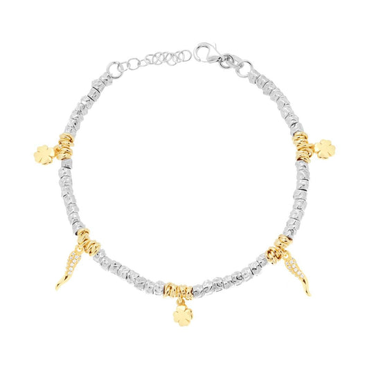Bracciale Cubetti Martellati con Charms Quadrifoglio e Corno Portafortuna con Zirconi Bianchi in ARGENTO 925 Galvanica Rodio e Oro