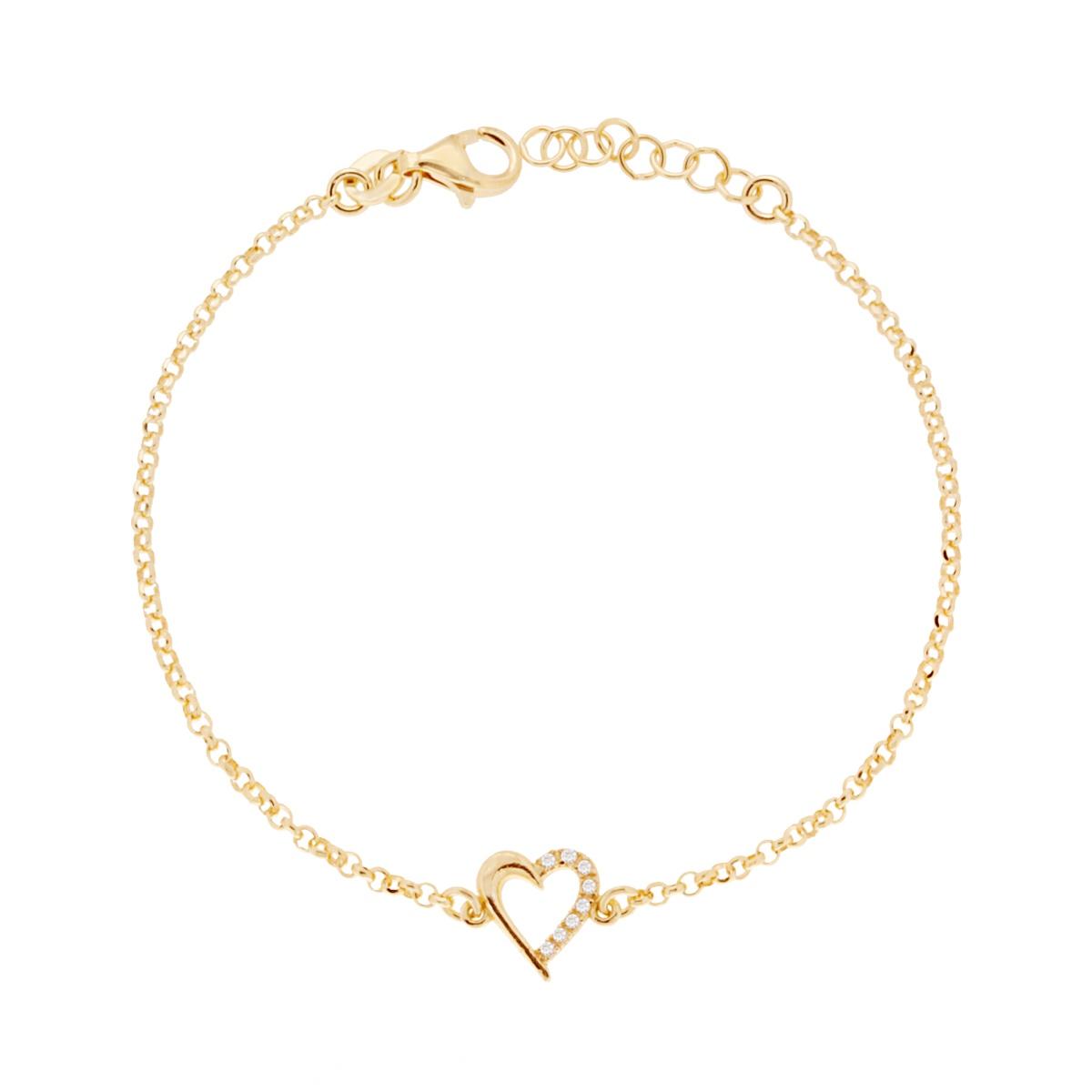 Bracciale Catena Rolo Diamantata con Cuore e Zirconi Bianchi in ARGENTO 925 Galvanica Oro