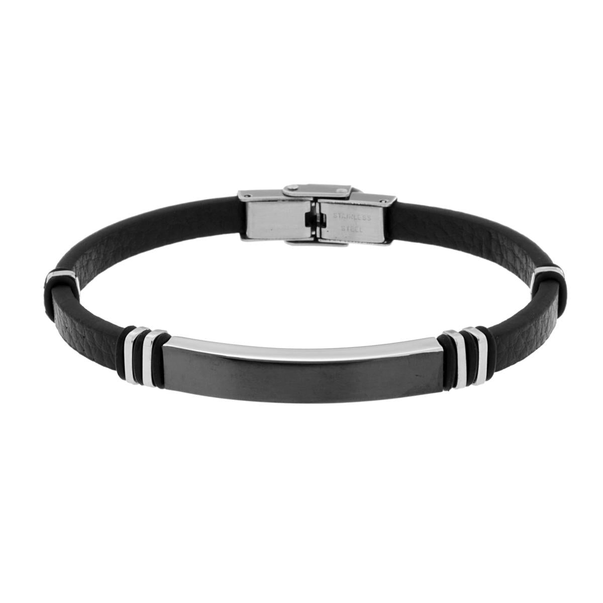 Bracciale Uomo in Ecopelle Nera con Targa e accessori in ACCIAIO