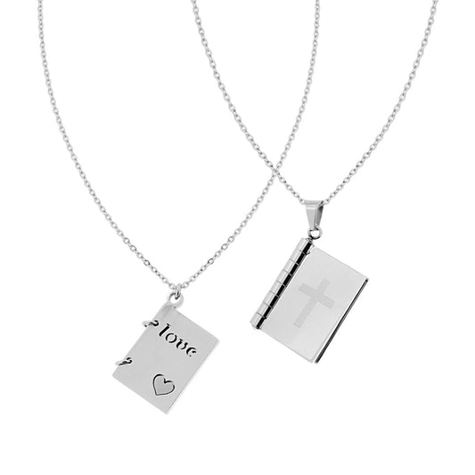 Collana con Catena Forzatina Diamantata con Piastra con Croce a Libro Apribile con inciso preghiera in ACCIAIO