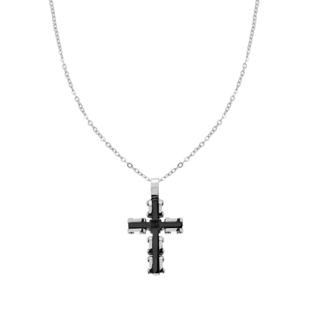 Collana Catena Forzatina Diamantata con Croce Colore Nero e Crystal Nero in ACCIAIO