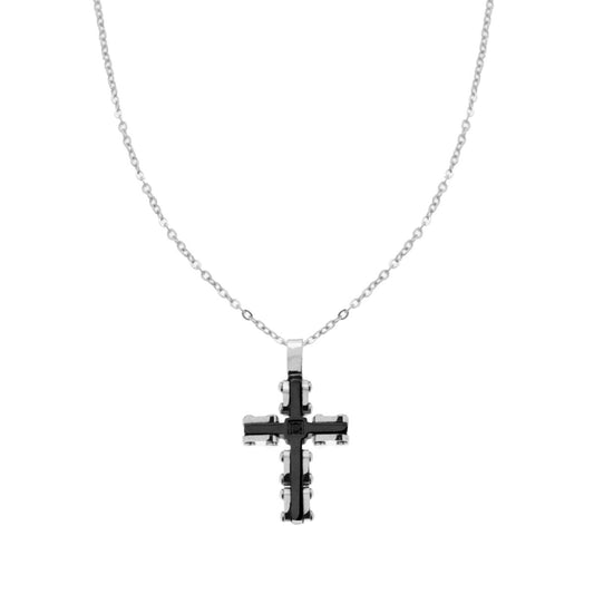 Collana Catena Forzatina Diamantata con Croce Colore Nero e Crystal Nero in ACCIAIO