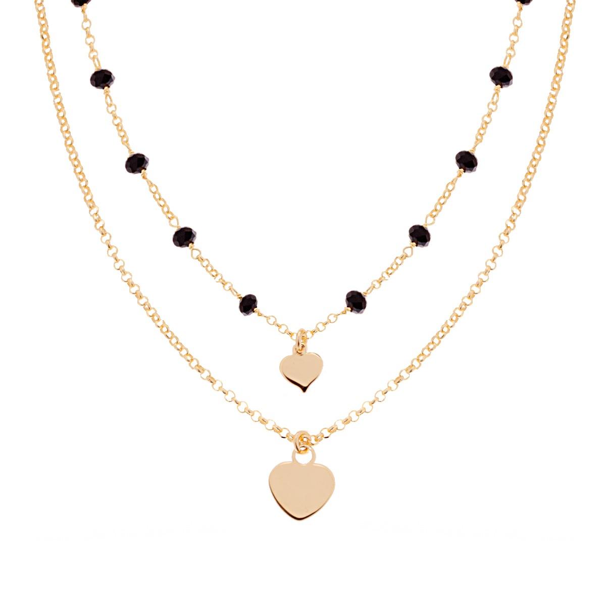 Collana due fili Catena Rolo Diamantata con Crystal Neri e Cuori plain pendenti in ARGENTO 925 Galvanica Oro