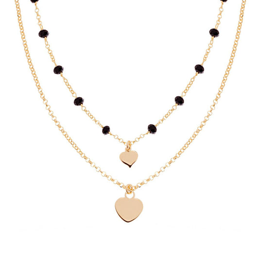 Collana due fili Catena Rolo Diamantata con Crystal Neri e Cuori plain pendenti in ARGENTO 925 Galvanica Oro
