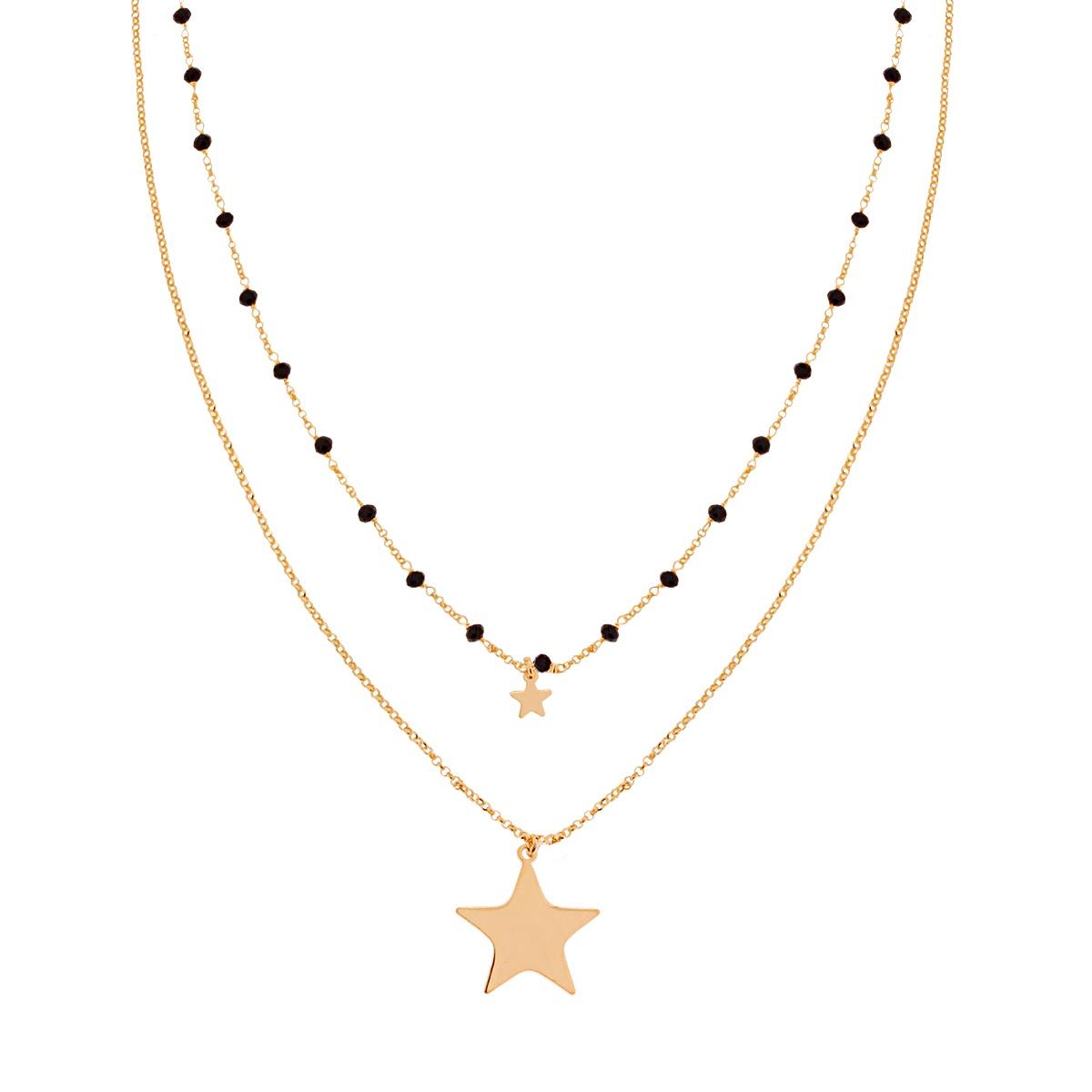 Collana Lunga due fili Catena Rolo Diamantata con Crystal Neri e Stelle plain pendenti in ARGENTO 925 Galvanica Oro