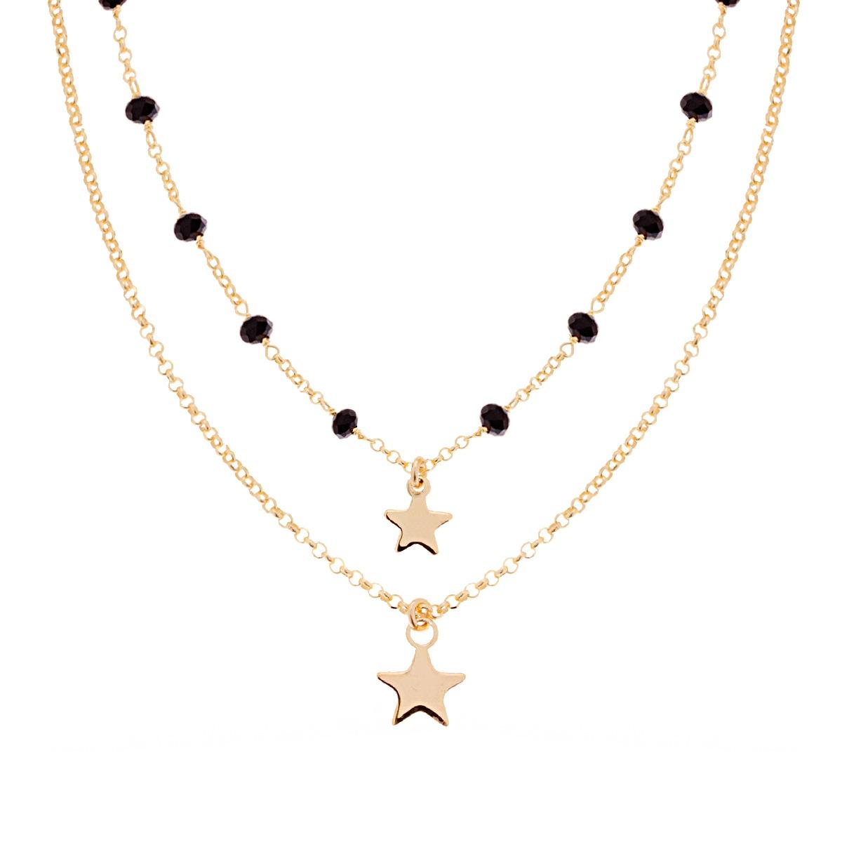 Collana due fili Catena Rolo Diamantata con Crystal Neri e Stelle plain pendenti in ARGENTO 925 Galvanica Oro