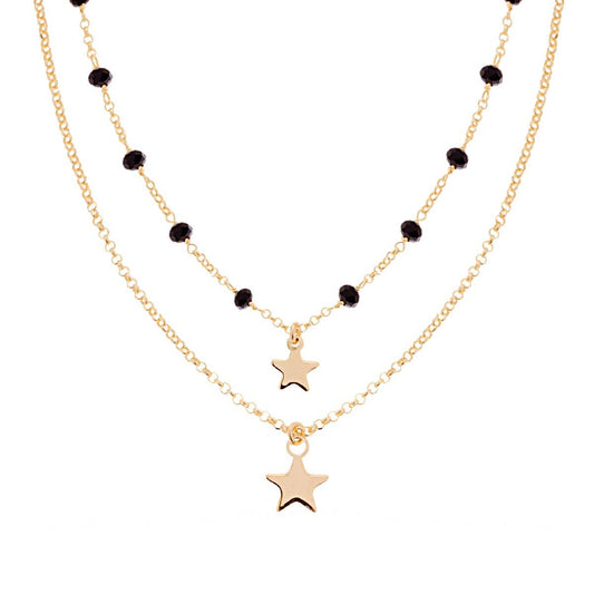 Collana due fili Catena Rolo Diamantata con Crystal Neri e Stelle plain pendenti in ARGENTO 925 Galvanica Oro
