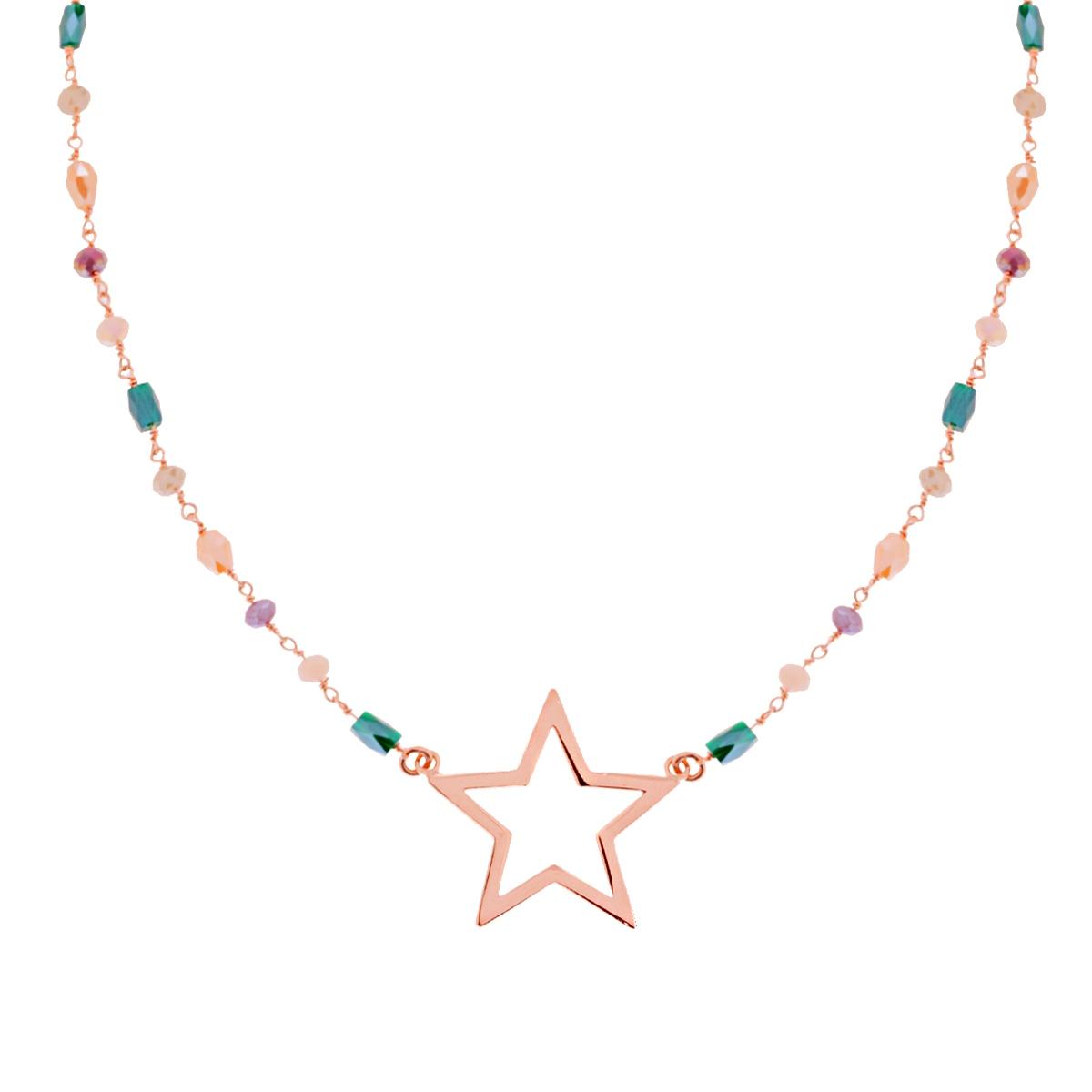 Collana con Grani Crystal Multicolor e Stella in ARGENTO 925 Galvanica Rosa