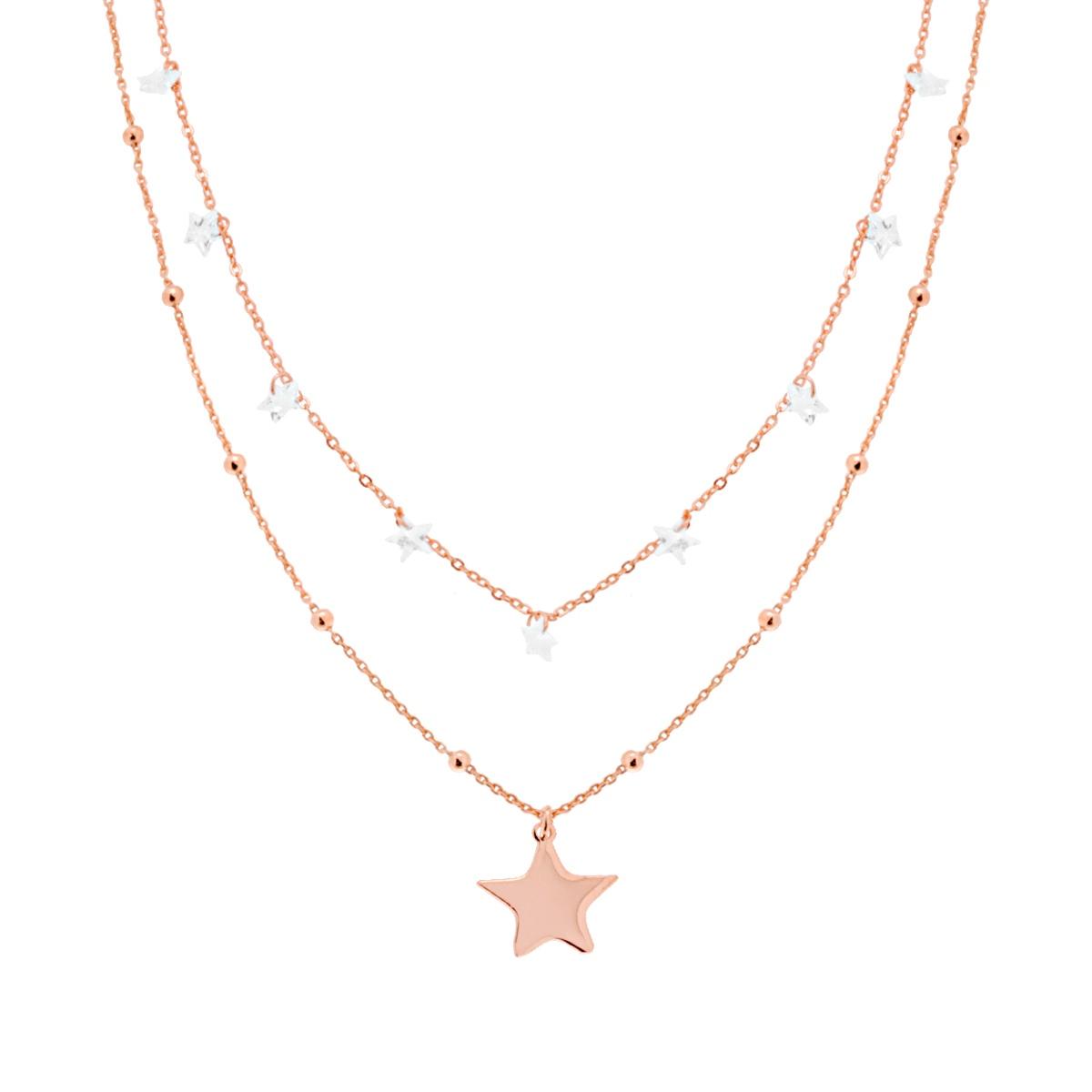Collana due fili Catena Forzatina Diamantata con Stelle Crystal Bianco e Plain pendenti in ARGENTO 925 Galvanica Rosa