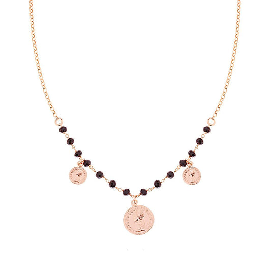 Collana Catena Rolo con Monete pendenti e Crystal Neri in ARGENTO 925 Galvanica Rosa