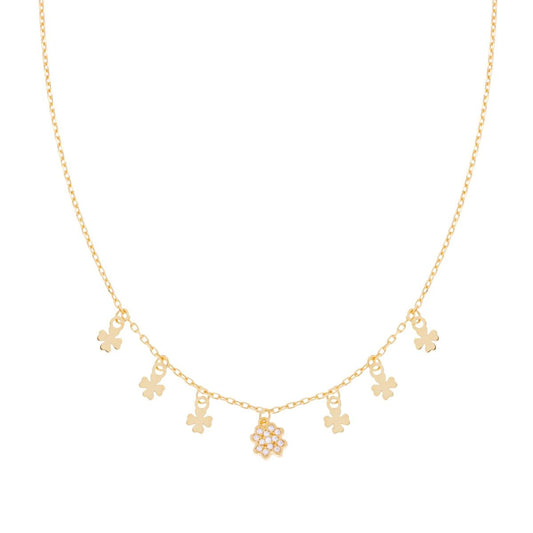 Collana Catena Forzatina Diamantata con Quadrifogli pendenti e Zirconi Bianchi in ARGENTO 925 Galvanica Oro