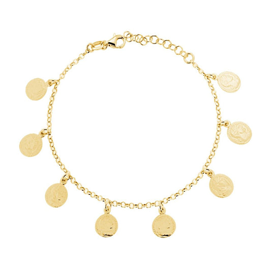 Bracciale Catena Rolo Diamantata con Monete pendenti in ARGENTO 925 Galvanica Oro