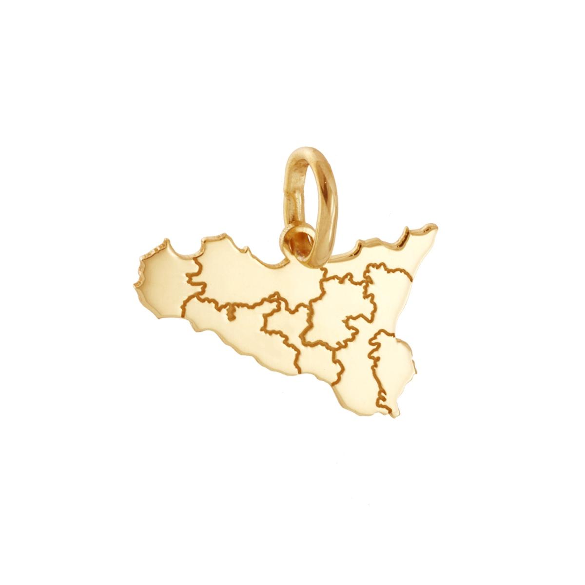 Ciondolo sagoma a forma di Sicilia con lavorazione liscia e lucida. Incisione laser con province.<BR>Made in Italy