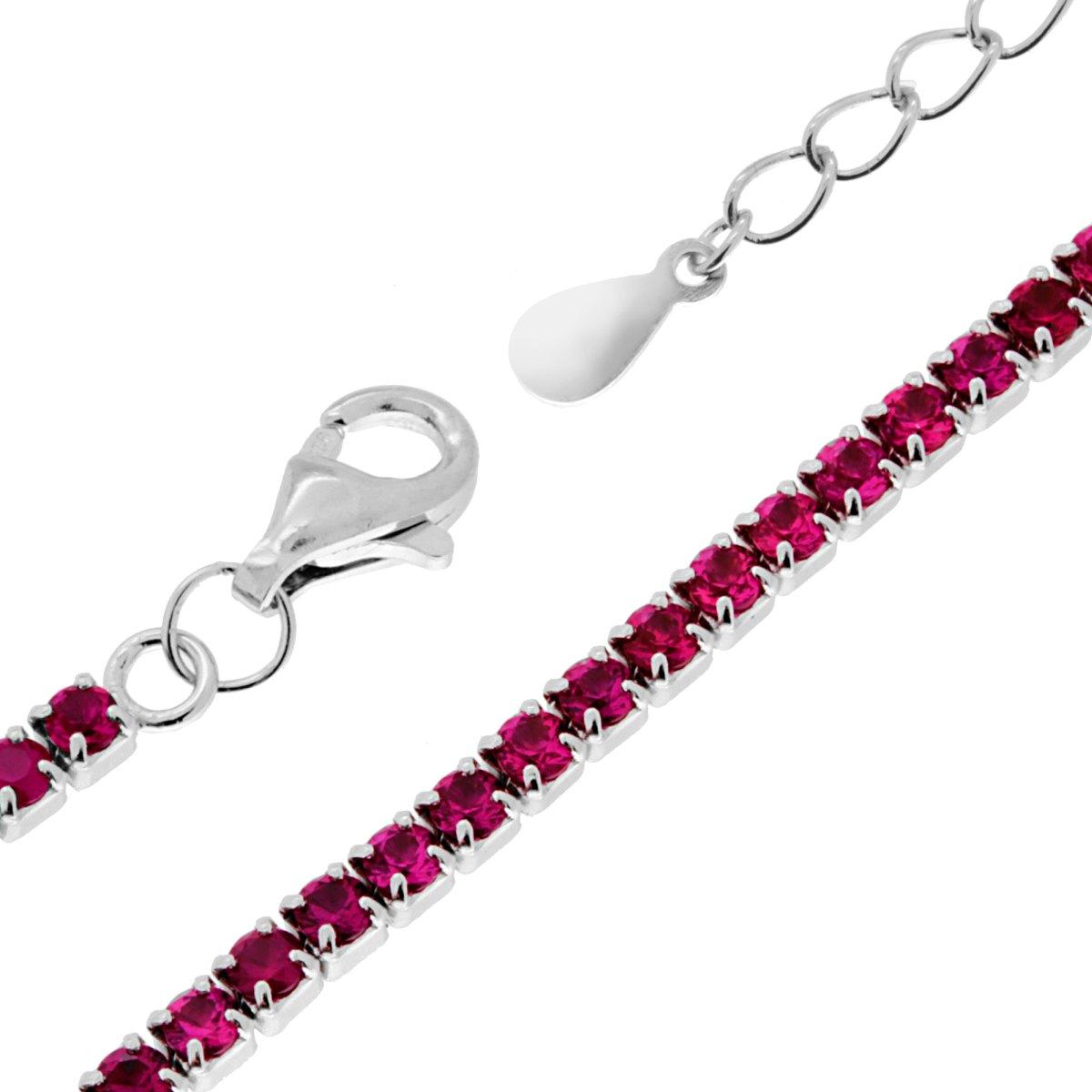 Bracciale Tennis Griffe cm 17+3 con Zirconi mm 2 Rosso Rubino in ARGENTO 925 Galvanica Rodio