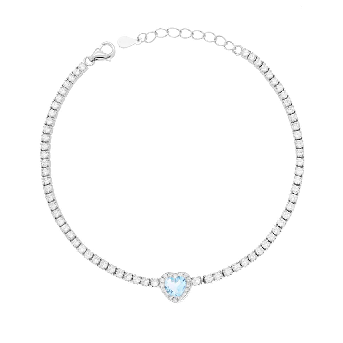 Bracciale Tennis Griffe cm 17+3 con Zirconi mm 2 Bianchi con Zircone Cuore centrale Acquamarina contornato da Zirconi Bianchi in ARGENTO 925 Galvanica Rodio