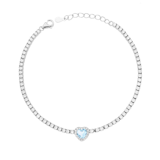 Bracciale Tennis Griffe cm 17+3 con Zirconi mm 2 Bianchi con Zircone Cuore centrale Acquamarina contornato da Zirconi Bianchi in ARGENTO 925 Galvanica Rodio