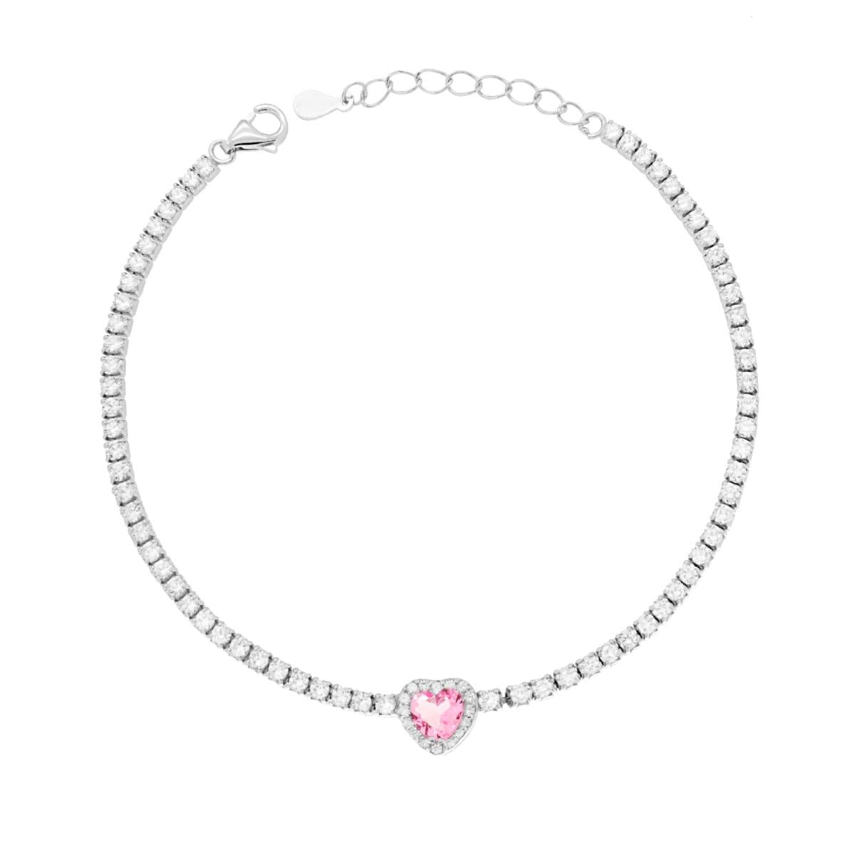 Bracciale Tennis Griffe cm 17+3 con Zirconi mm 2 Bianchi con Zircone Cuore centrale Rosa contornato da Zirconi Bianchi in ARGENTO 925 Galvanica Rodio