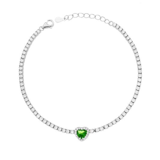Bracciale Tennis Griffe cm 17+3 con Zirconi mm 2 Cuore centrale Verde Smeraldo contornato da Zirconi Bianchi in ARGENTO 925 Galvanica Rodio