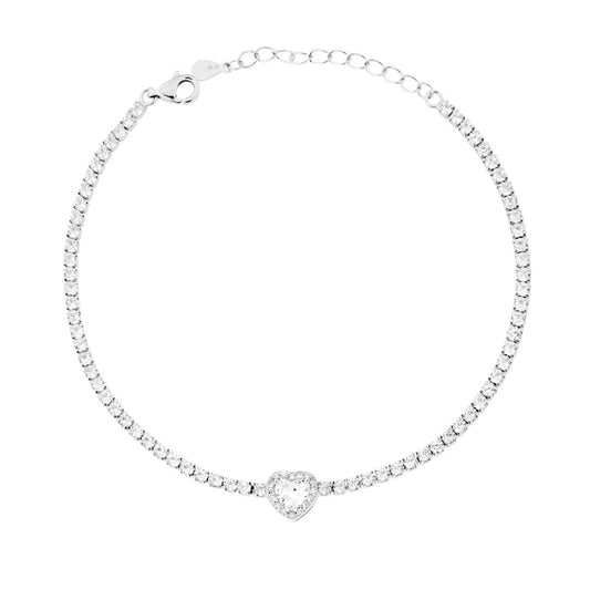 Bracciale Tennis Griffe cm 17+3 con Zirconi mm 2 Bianchi con Zircone Cuore centrale Bianco contornato da Zirconi Bianchi in ARGENTO 925 Galvanica Rodio