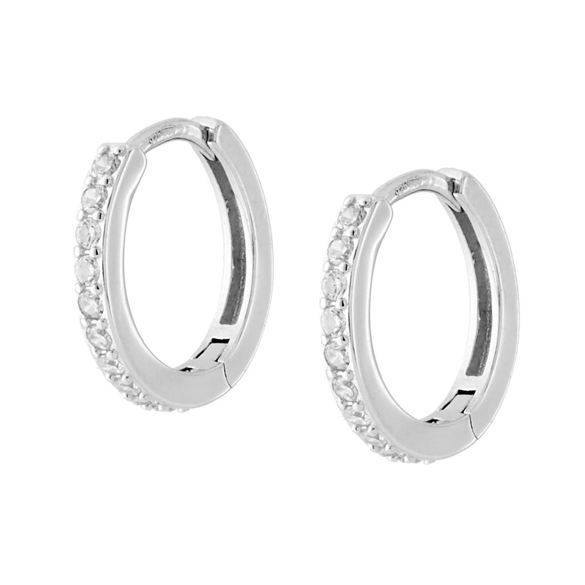 Orecchini Cerchio a Scattino mm 14 con Zirconi Bianchi in ARGENTO 925 Galvanica Rodio