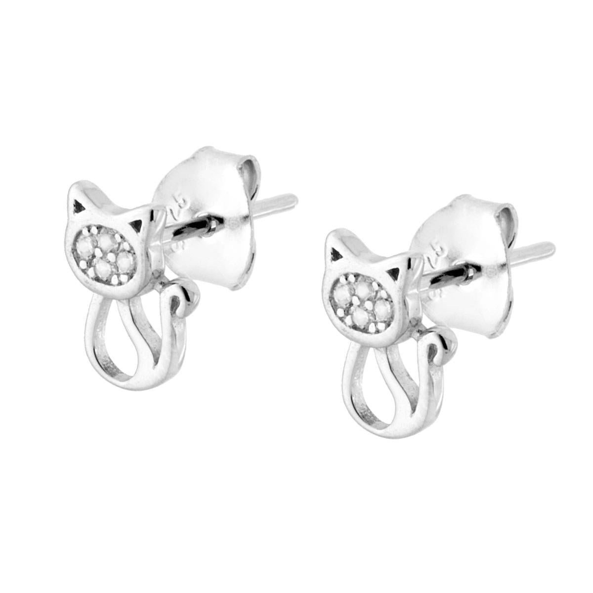 Orecchini Gatto con Zirconi Bianchi in ARGENTO 925 Galvanica Rodio