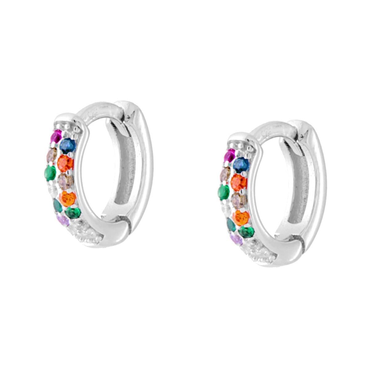 Orecchini Cerchio a Scattino mm 10 con Zirconi Multicolor Rainbow in ARGENTO 925 Galvanica Rodio