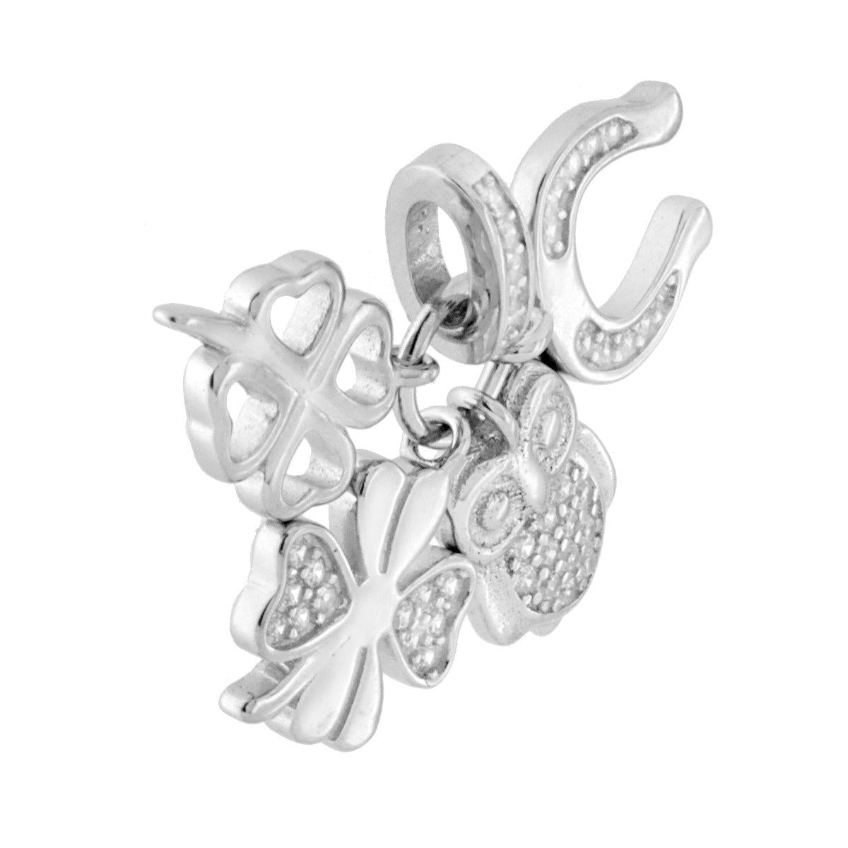 Ciondolo con soggetti pendenti a forma di Civetta, Ferro di Cavallo e Quadrifoglio, con finitura lucida e zirconi bianchi incastonati.