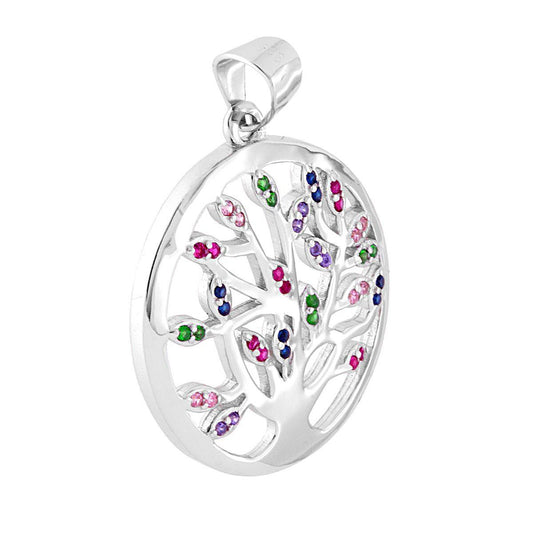 Ciondolo a forma di Albero della Vita con finitura lucida e con zirconi multicolor incastonati.