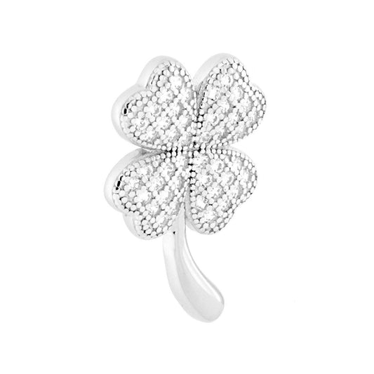 Ciondolo con passante per catena a forma di Quadrifoglio con finitura lucida e con zirconi bianchi incastonati.